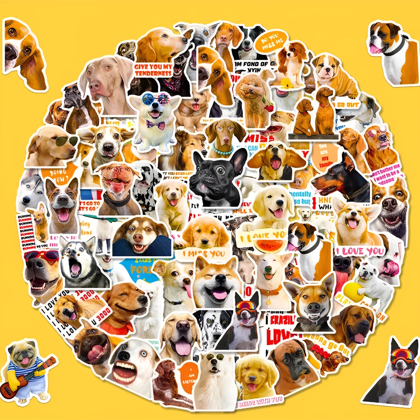 Pack of 100 realistic dog facial expression stickers in Nordic style for craft projects