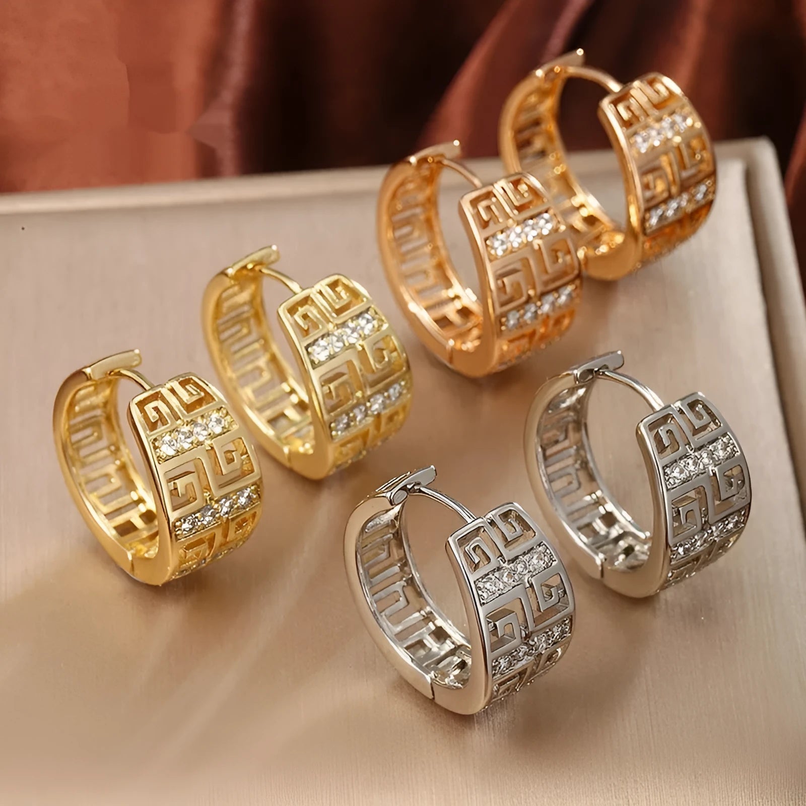 Geometric copper inlaid zircon earrings with 18K gold plated electroplated finish for women