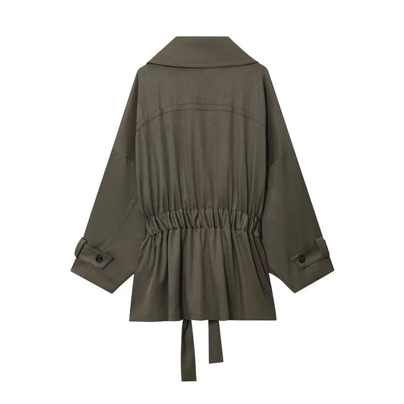 Women's belt coat and pleated trousers set in solid colour, polyester blend, long sleeves, button front