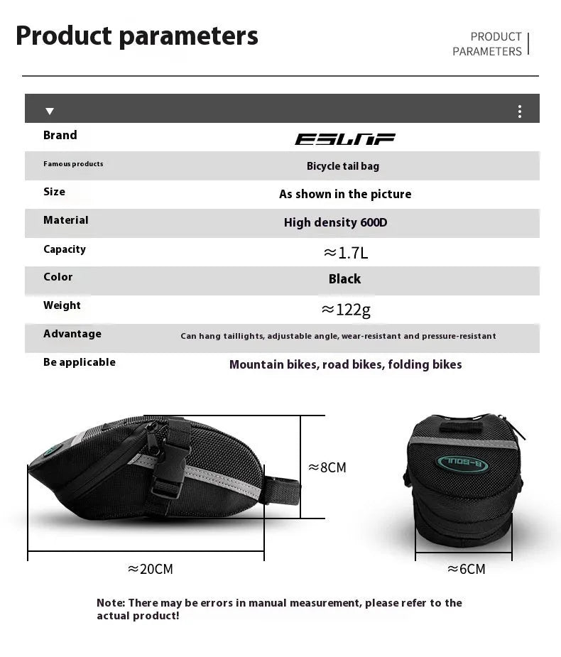 Black polyester bicycle saddle bag with quick release mount under a bike seat