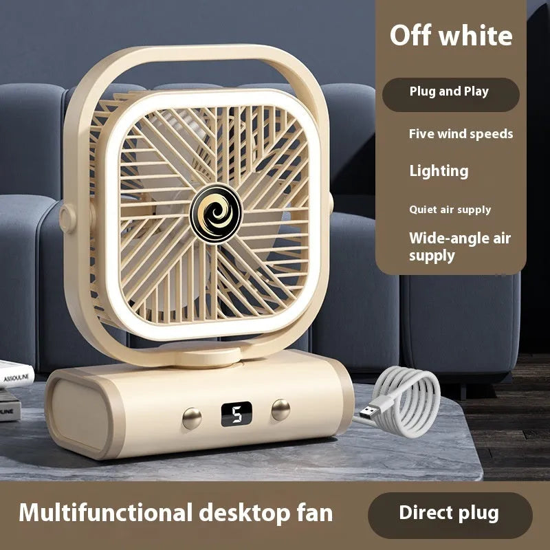 Rechargeable shaking head desktop fan in greyish purple with USB charging, brushless motor, 240x180x96mm