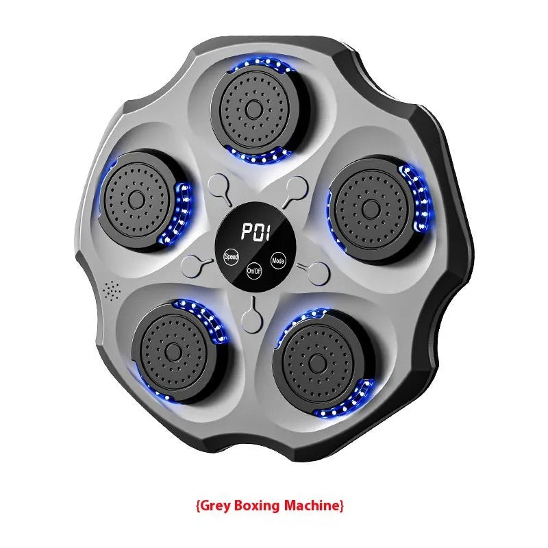 Black Bluetooth music boxing wall target hanging on a wall with paired boxing gloves.