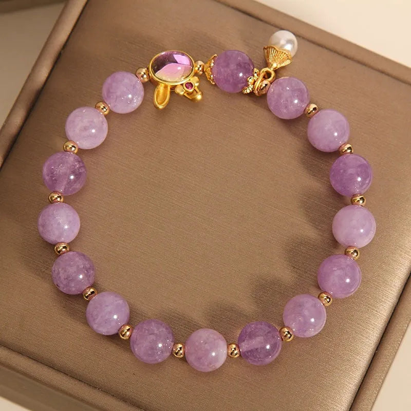 Mauve jade hare head charm bracelet with crystal band in Mori style design