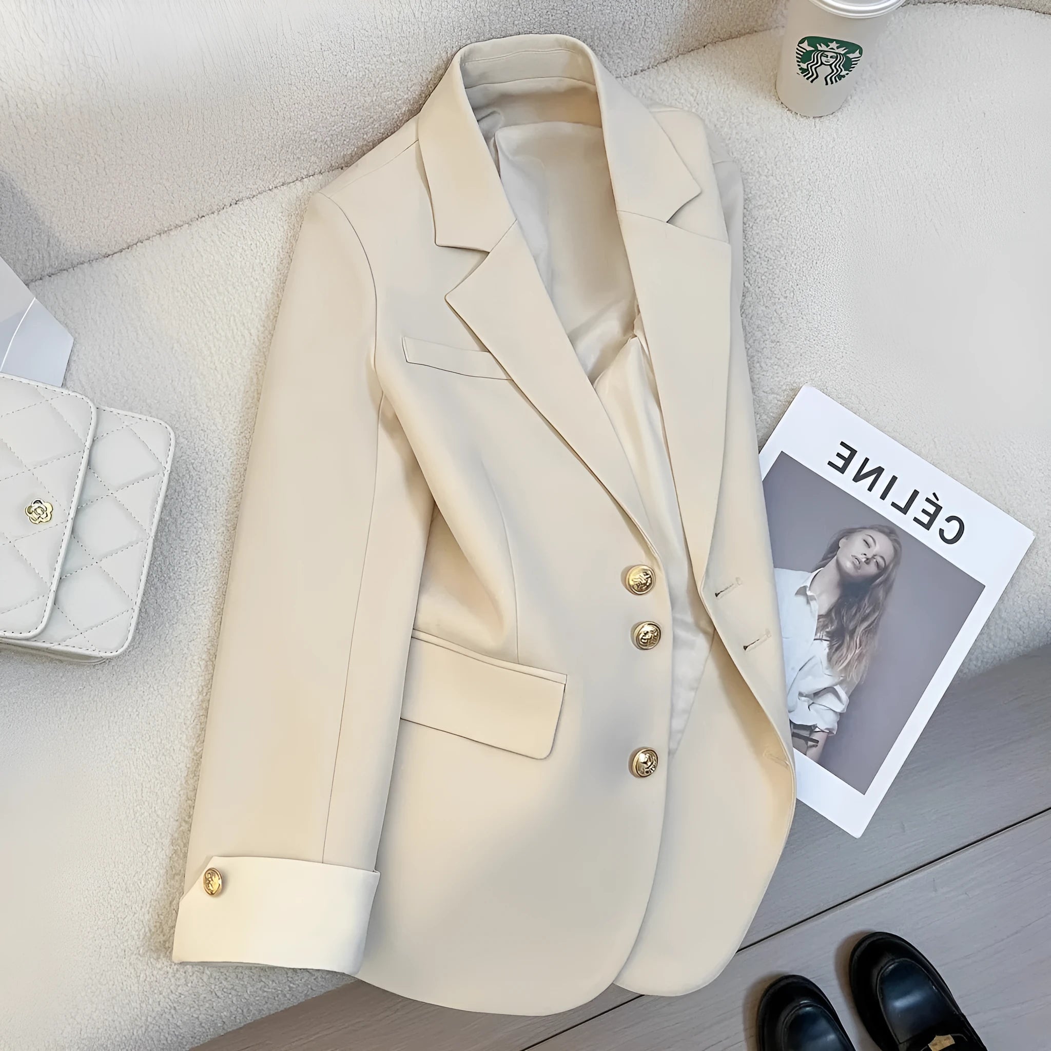 Women's Korean style loose fit polyester coat in milky white with pockets