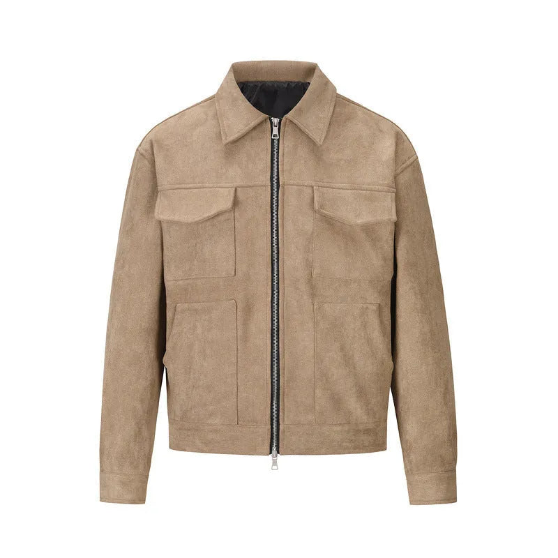 Thickened slim fit jacket coat with a large zippered pocket, shown in camel colour