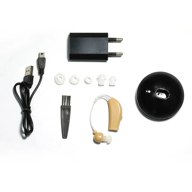 Black rechargeable hearing aid amplifier with silicone construction designed for elderly users