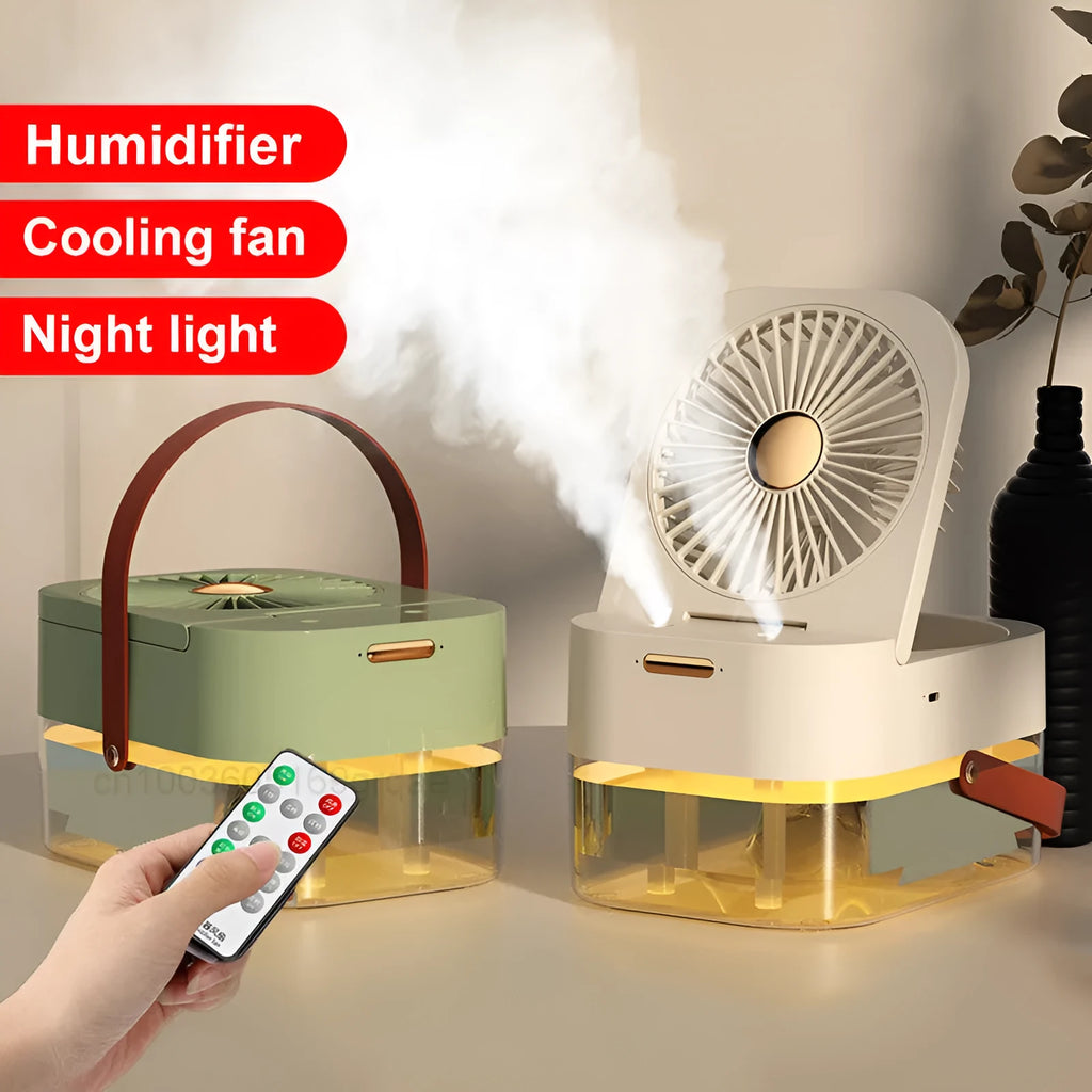 USB-powered desktop humidifier fan with large water tank and remote control on a wooden desk