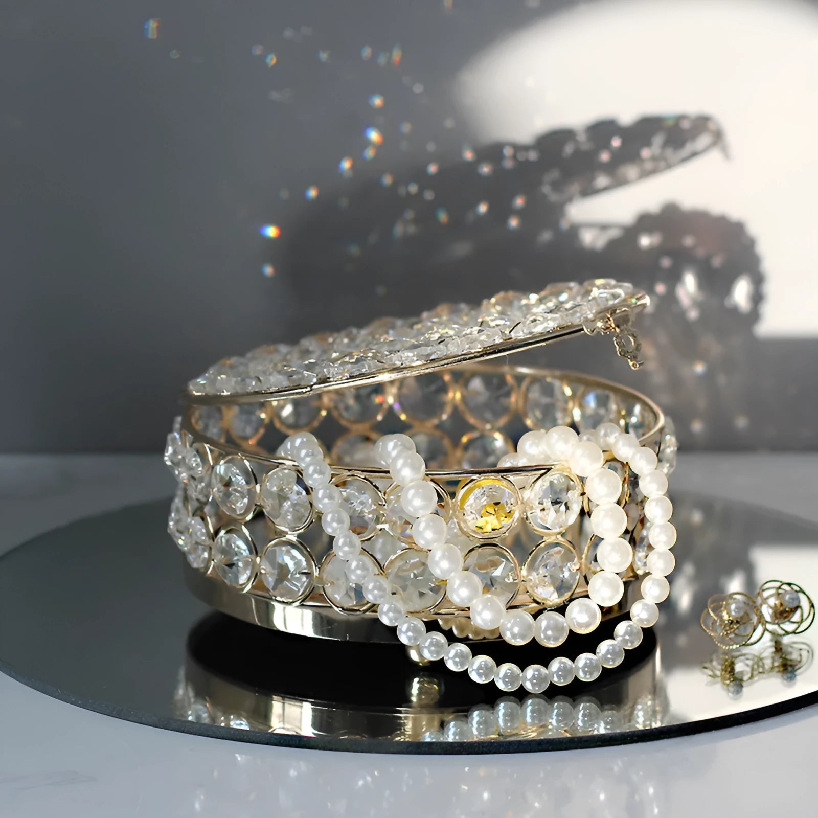 French gold metal frame crystal glass transparent jewellery storage box