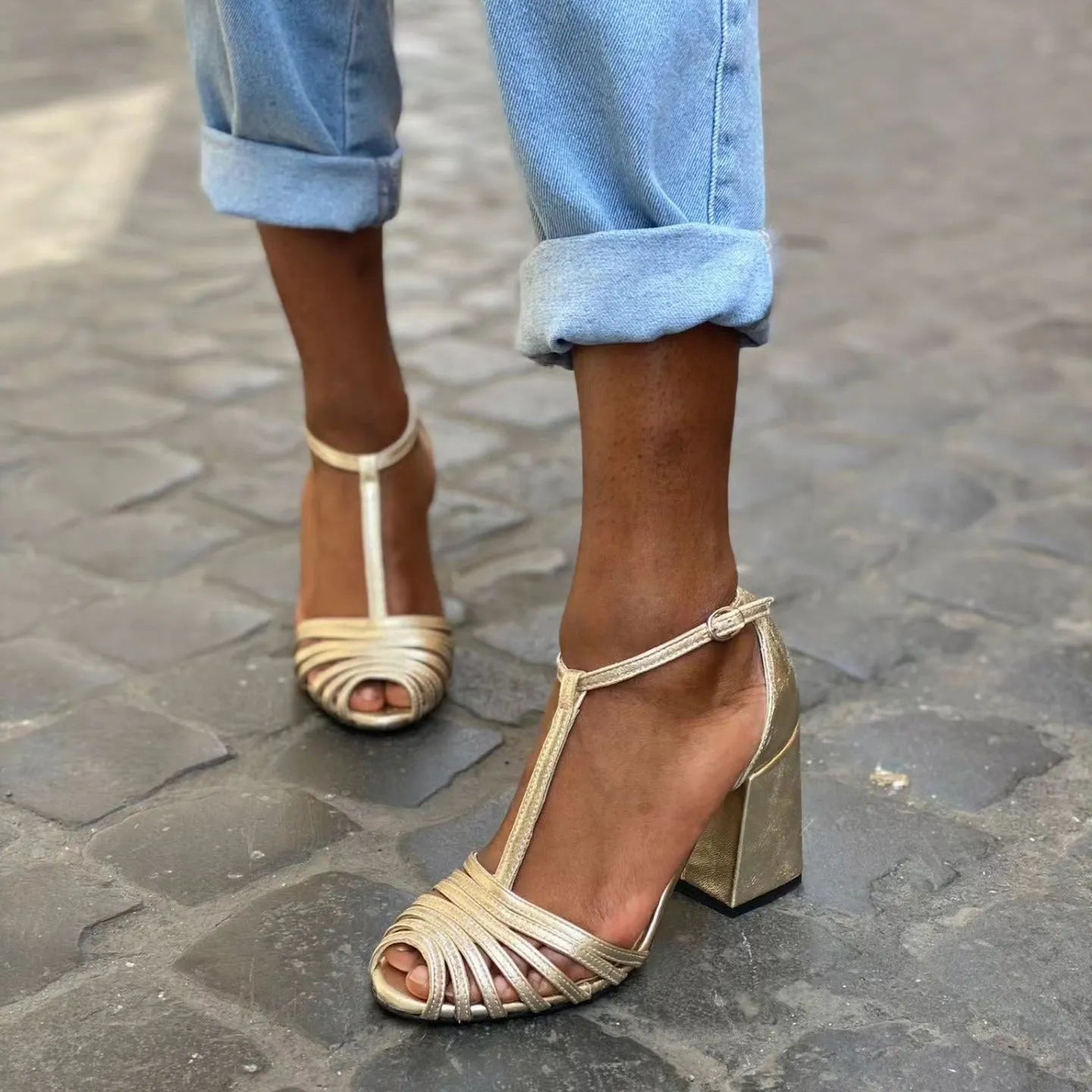 Gold high heel fish mouth open toe buckle strap sandals for women