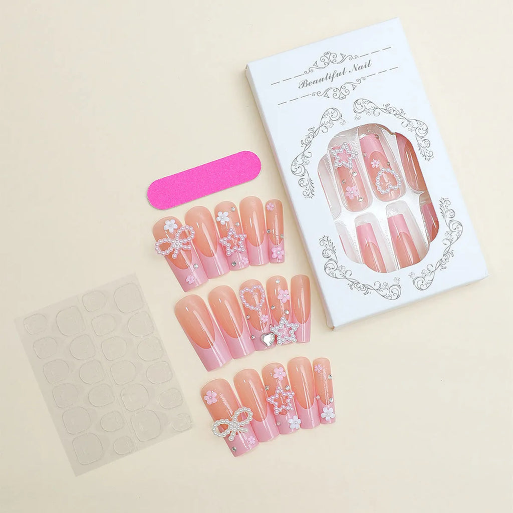 Super long water pipe shaped artificial nails with French spot drill and a bow detail in colour XB-70-48.
