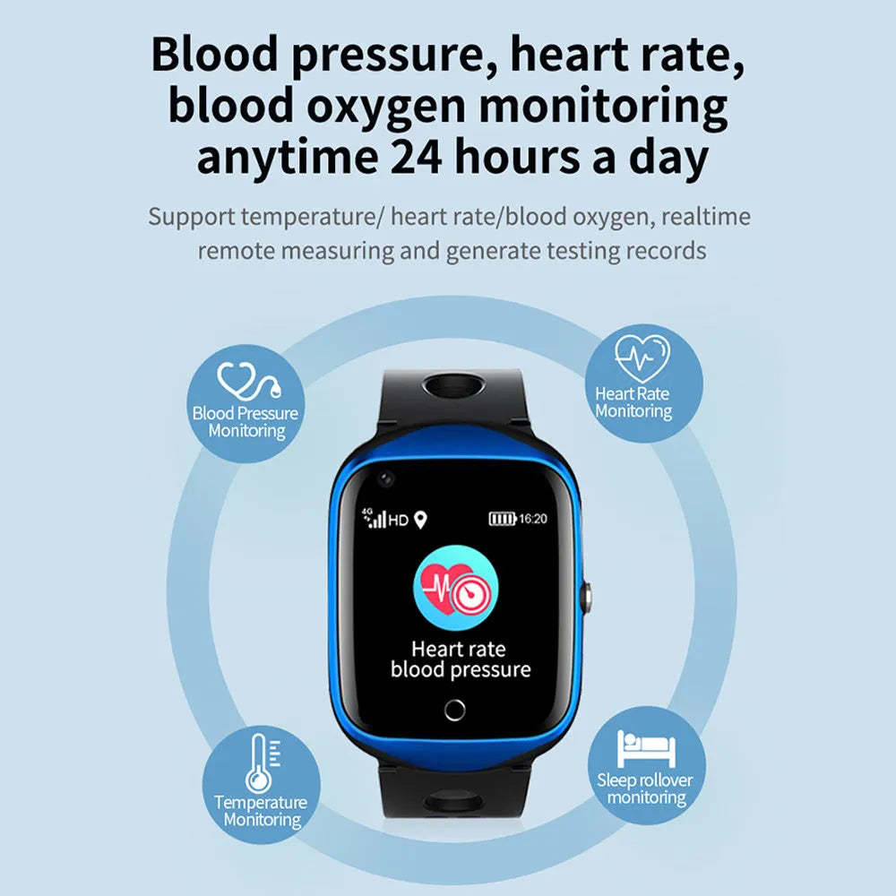 Square screen elderly smartwatch with silicone strap, showing SIM slot and dimensions of 51mm by 41mm.