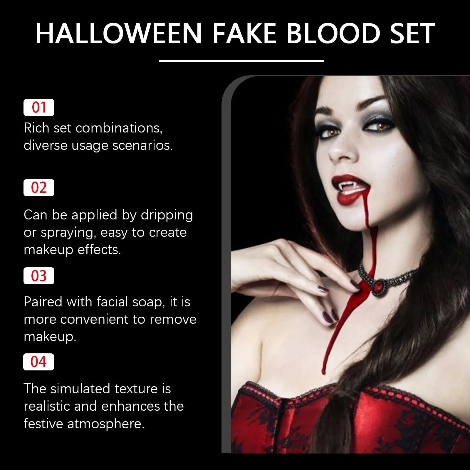 Three-piece washable fake blood kit with 50ml drops, 50ml spray, and 15g soap for special effects makeup.