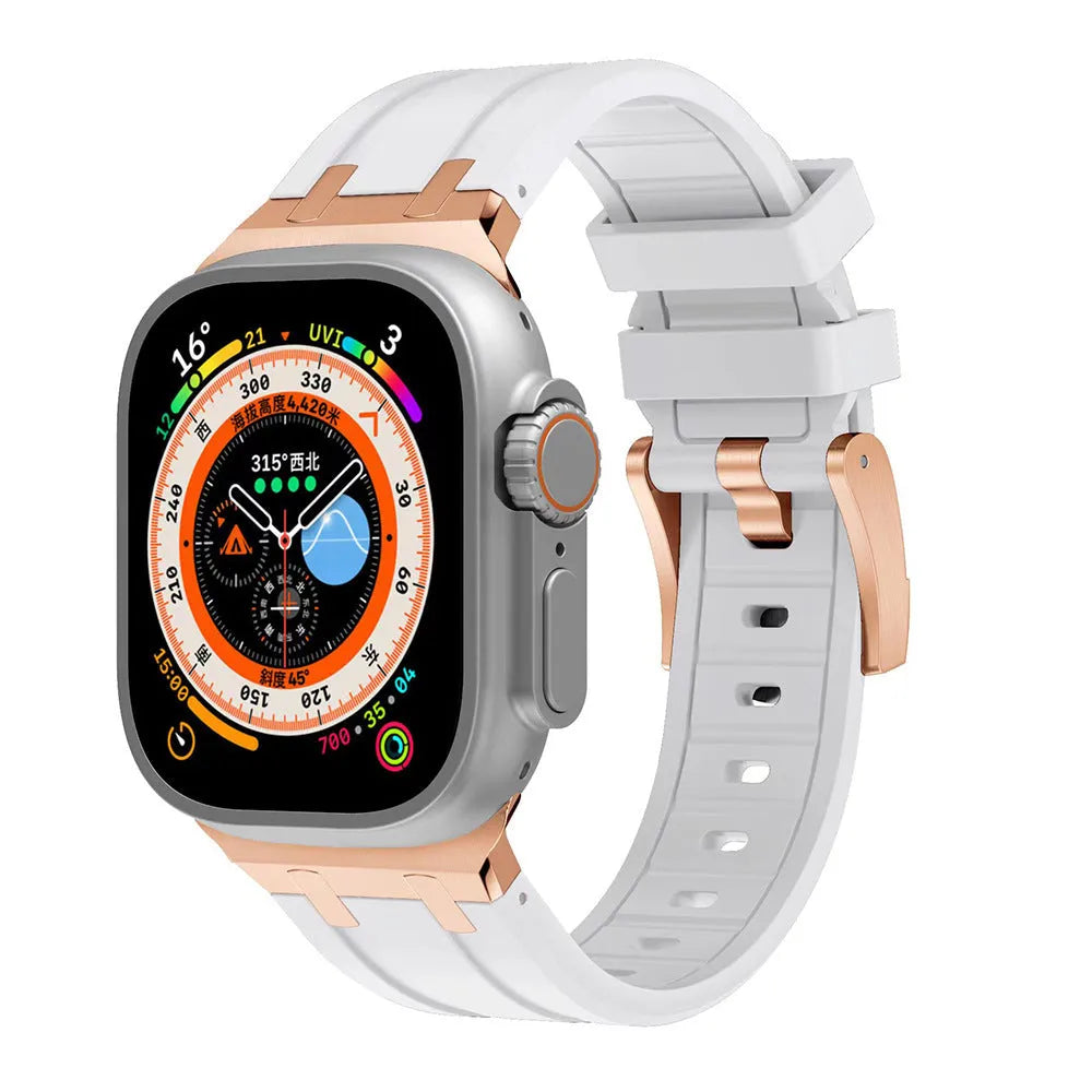 Liquid silicone Apple Watch strap in silver blue with butterfly clasp, fits 42/44/45/49mm case