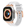Liquid silicone Apple Watch strap in silver blue with butterfly clasp, fits 42/44/45/49mm case