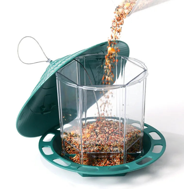 Green PP hanging transparent bird feeder with automatic feeding for outdoor garden use