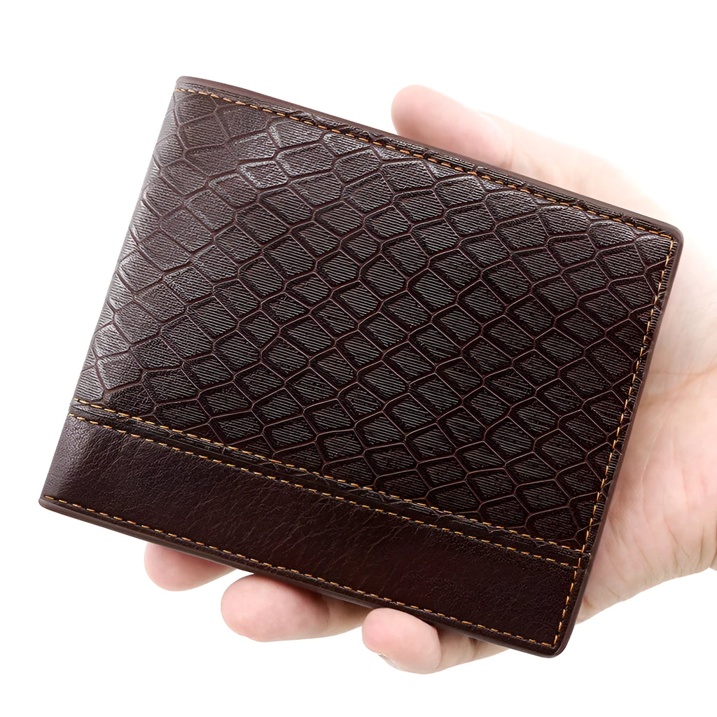 Men's PU leather embossed snake pattern wallet in earth brown with multiple card slots and coin pocket