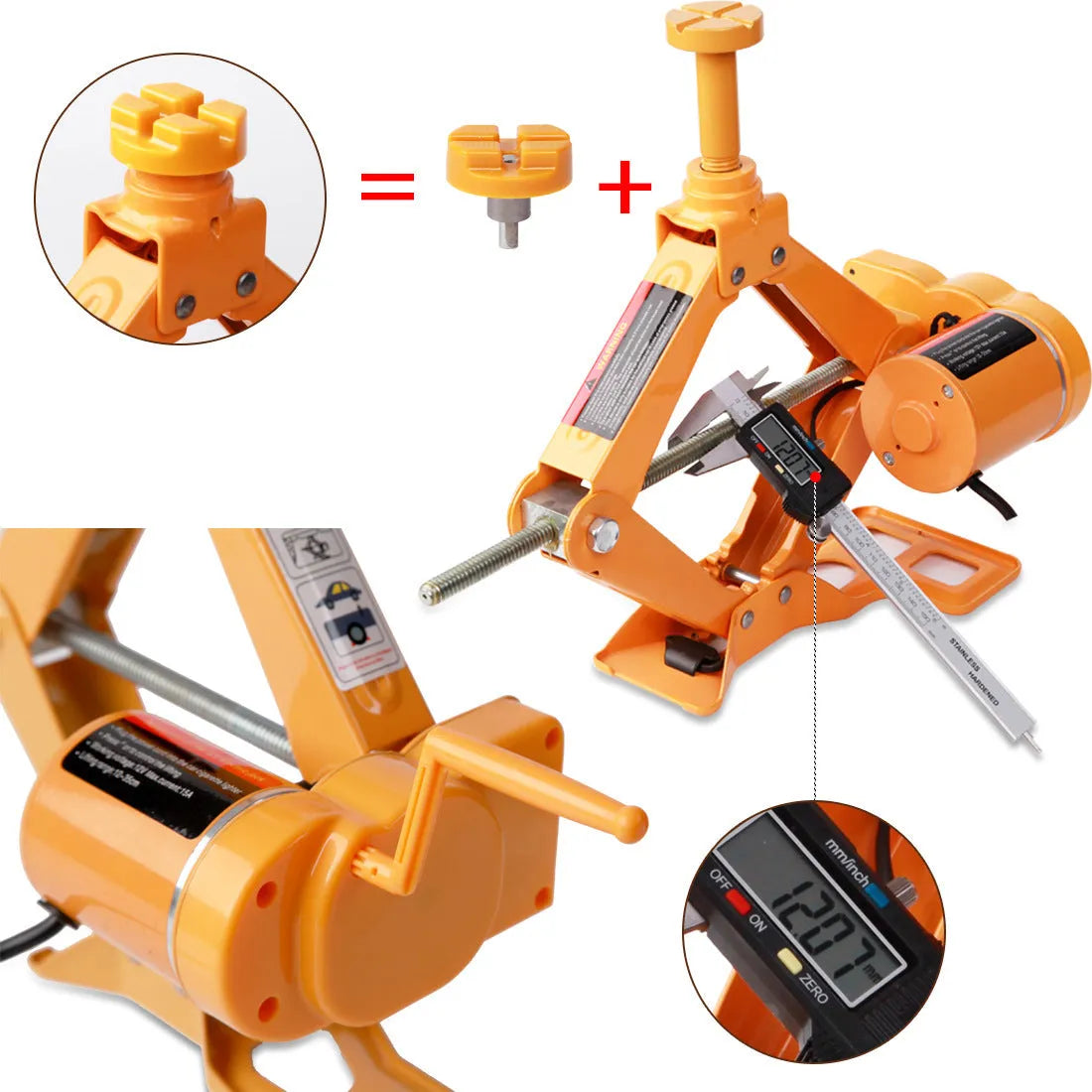 Yellow steel electric car jack set with 12V impact wrench for tyre changing