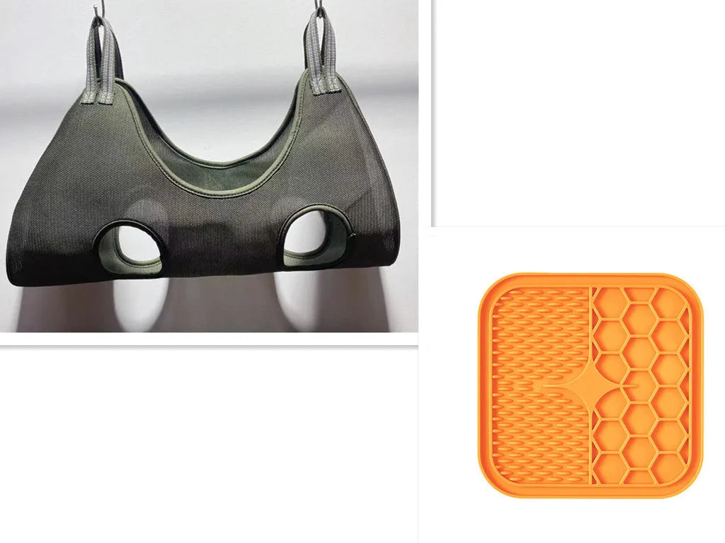 Breathable sandwich fabric grooming hammock for small and medium cat or dog nail trimming, exposing paws and head