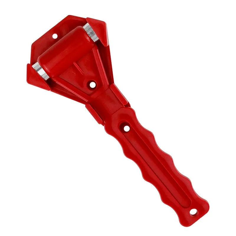 Red emergency window breaking hammer with steel striking tip on white background