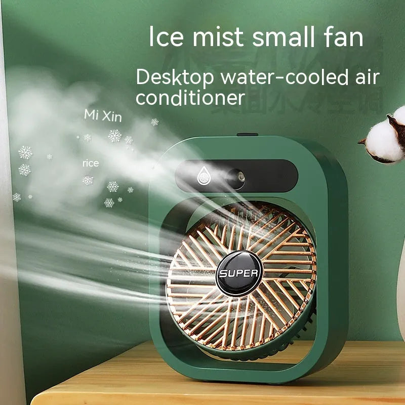 Green USB rechargeable misting fan with 3 speed settings and adjustable head on a desk
