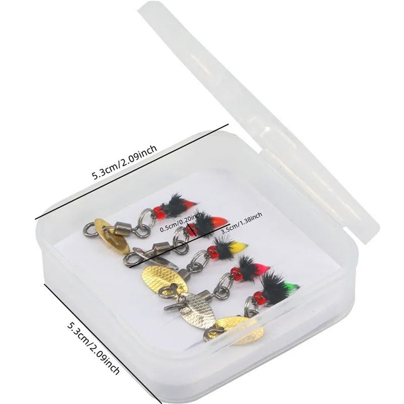 Five bionic mosquito fishing hooks with spinning sequins in multicoloured poisonous patterns