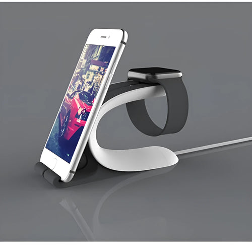 Grey desktop charging stand holding iPhone and Apple Watch