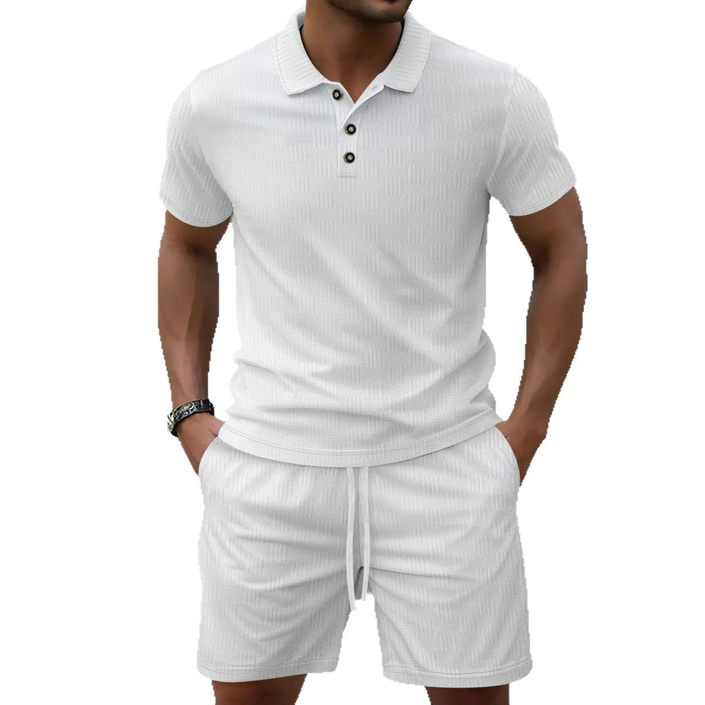 Men's solid colour jacquard short sleeve casual suit with matching shorts on a hanger.