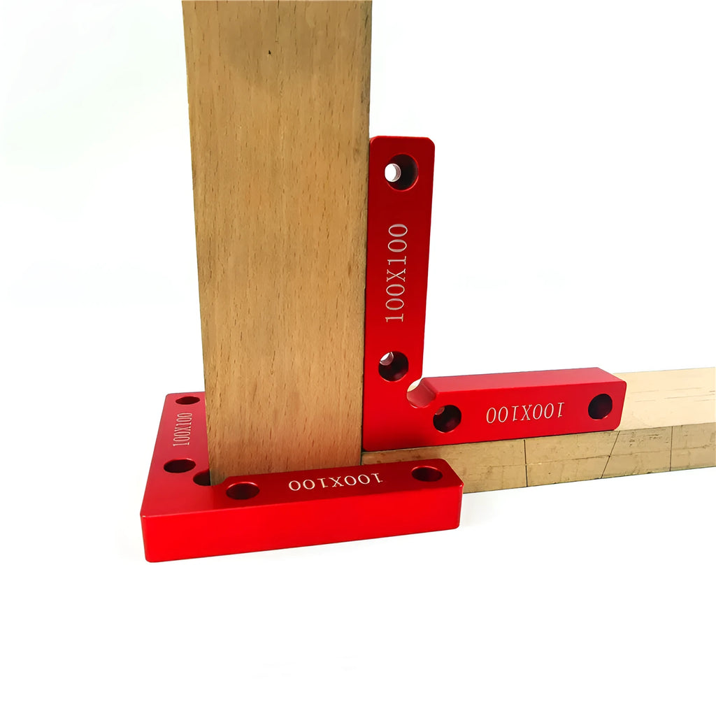Aluminium alloy right angle positioning block for woodworking jigsaws with measurement scale.