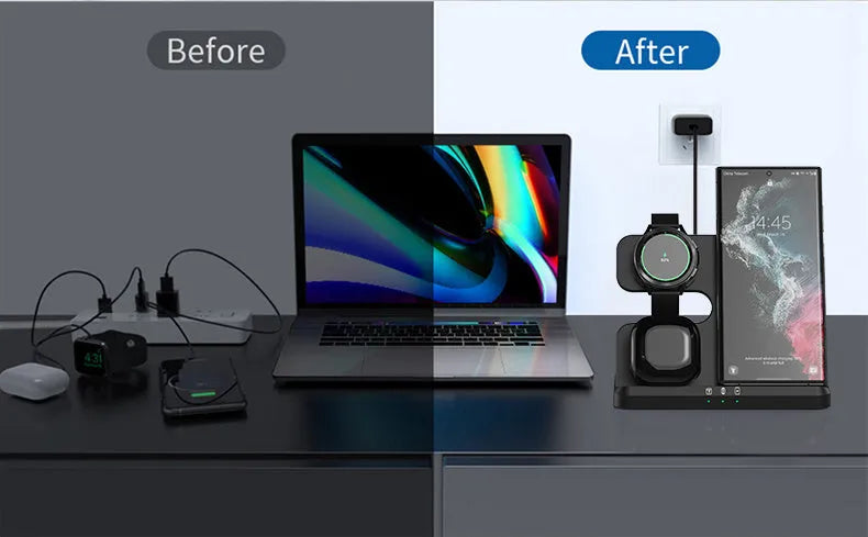 Vertical 3-in-1 wireless charging dock for mobile phone, smartwatch and headphones with 15W fast charging