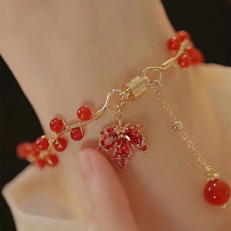 Red Chinese style magnetic therapy bracelet with maple leaf and ginkgo leaf alloy design