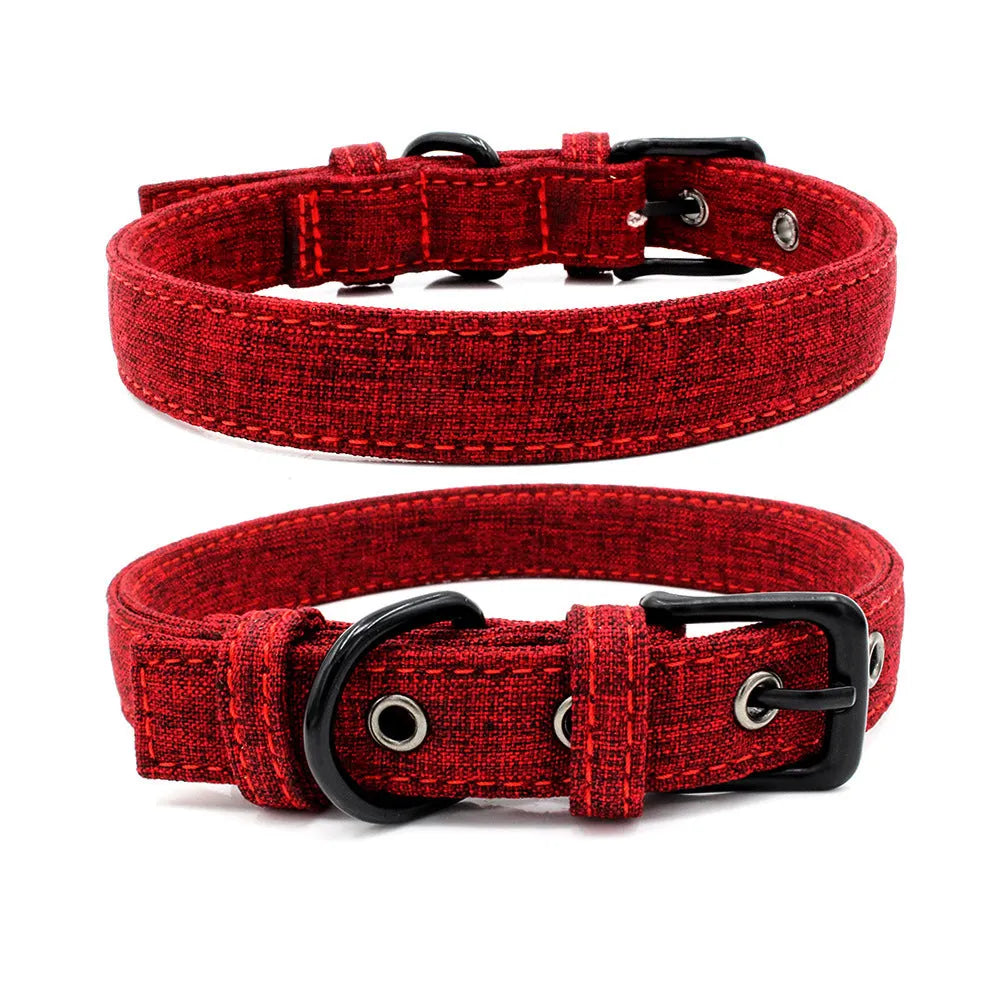 Double layer reflective canvas dog collar with metal D-ring, available in multiple sizes and colours