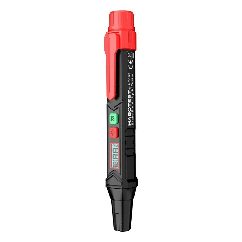 Digital display brake fluid tester pen in colour box packaging with batteries and manual.