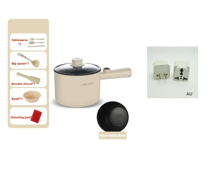 White, green, and khaki mini electric hot pot with non-stick interior and control panel.