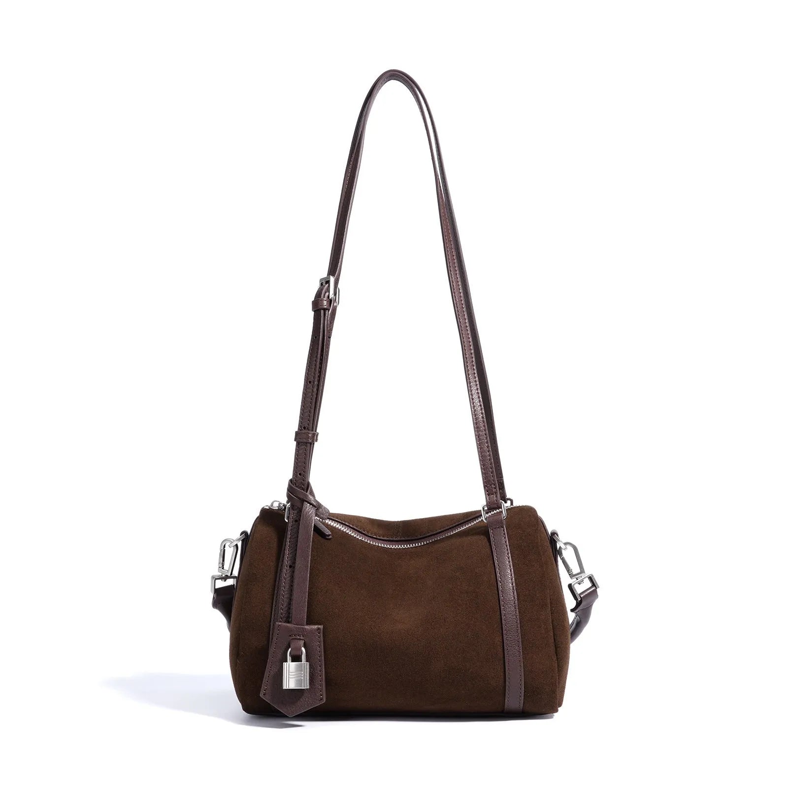 Retro first layer cowhide leather crossbody bag with double shoulder straps in apricot colour