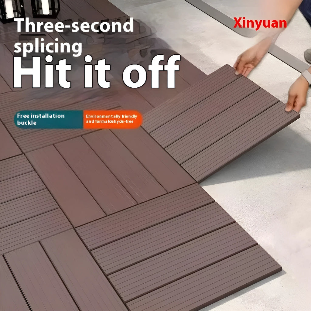 Ten wood grain plastic floor tiles stacked, showing dark grey and light grey colour options with non-slip texture.
