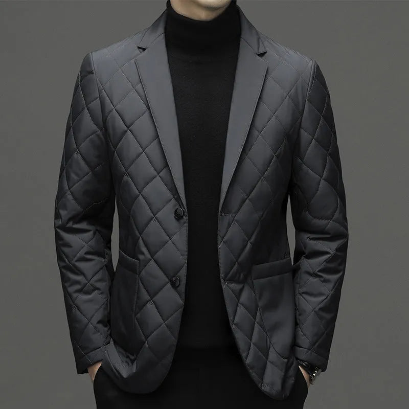 Men's black lapel down jacket with side pockets on a grey background