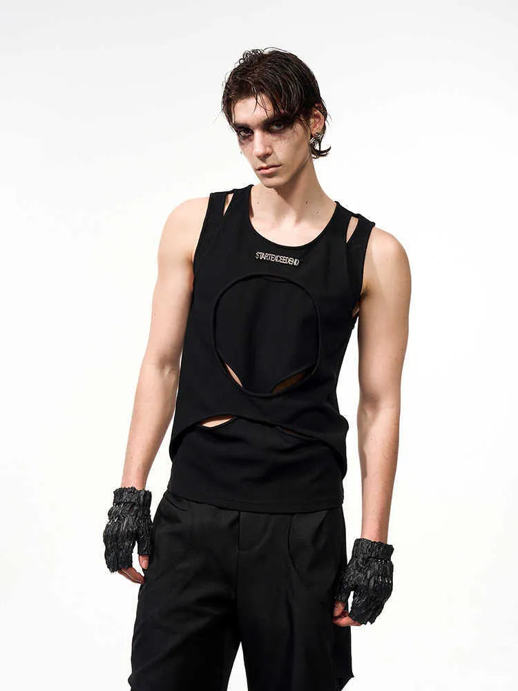 Men's black and white hollow thread sleeveless waistcoat with round neck