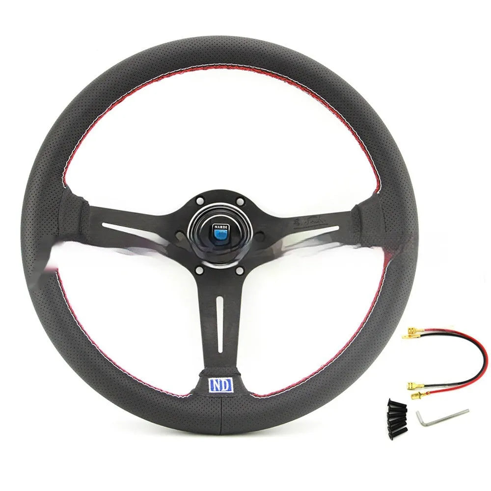 14-inch leather steering wheel with a concave centre section, shown with a silver skeleton frame