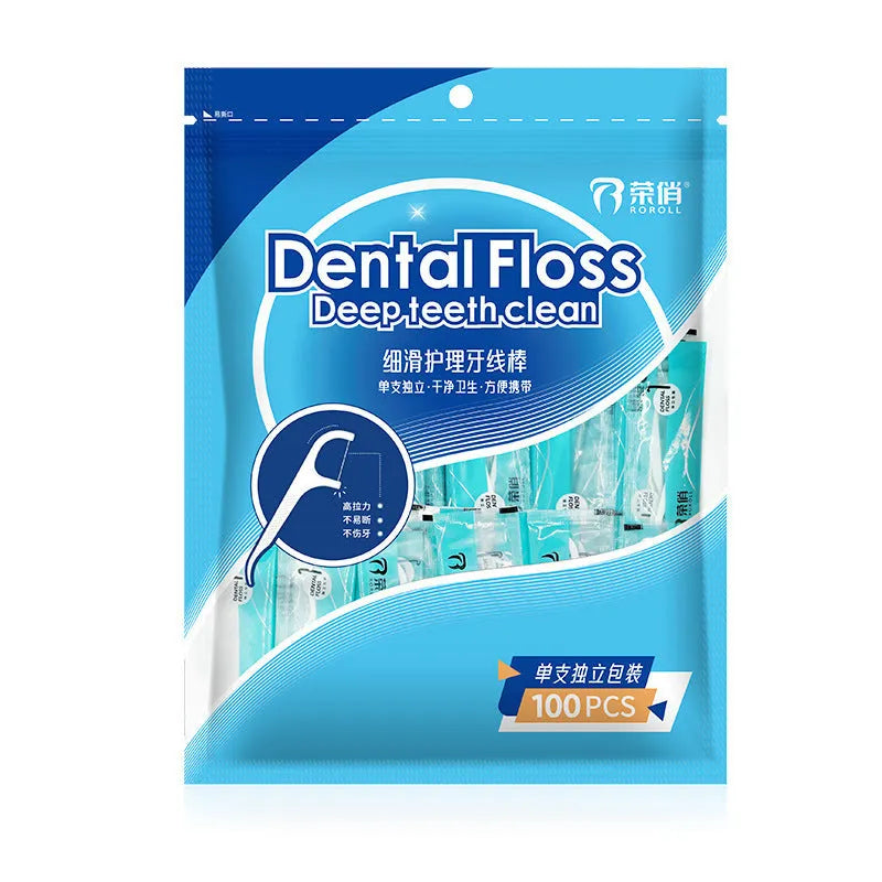 Independently packaged dental floss in portable plastic bag with high tensile strength