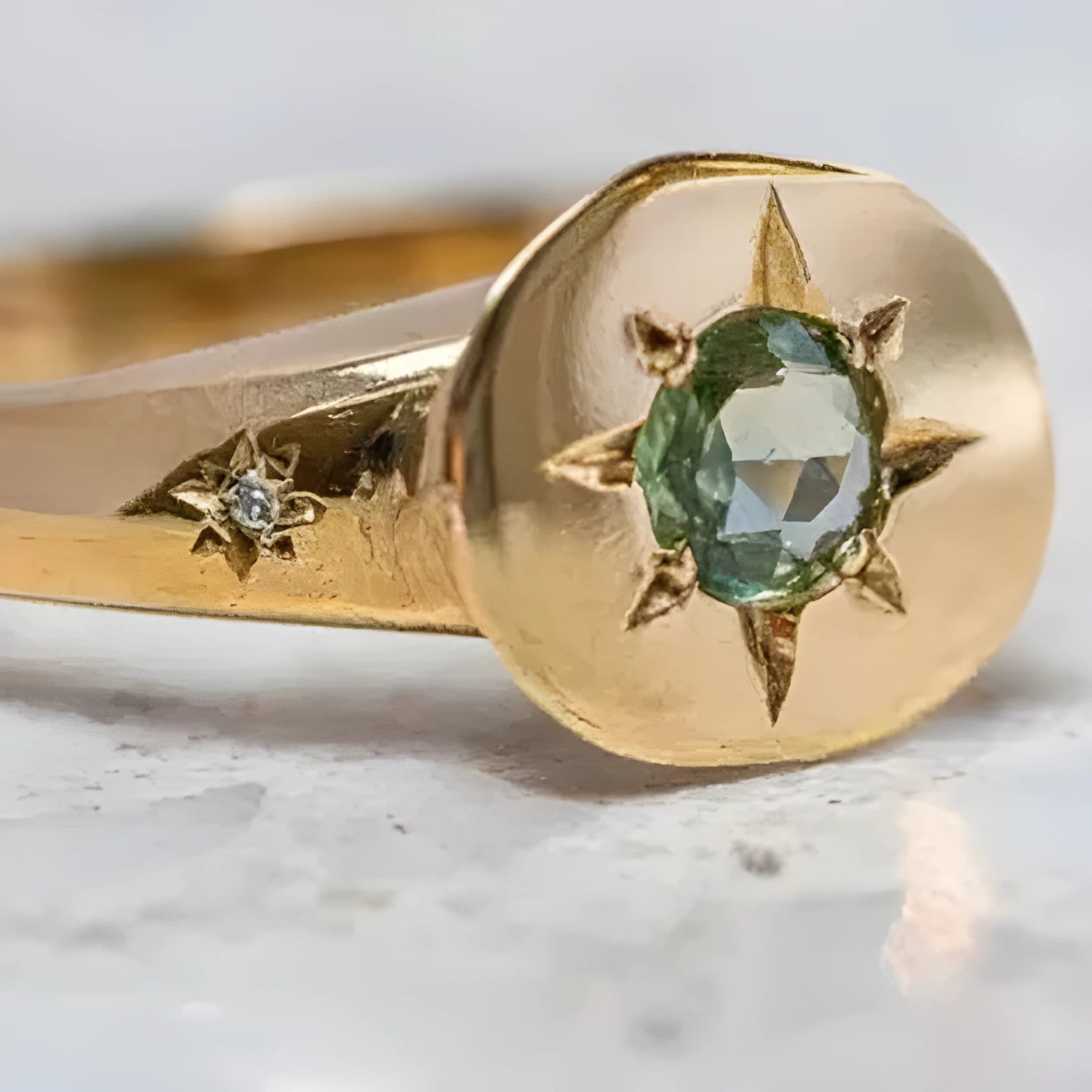 Golden oval asterism zircon ring with star design and adjustable opening