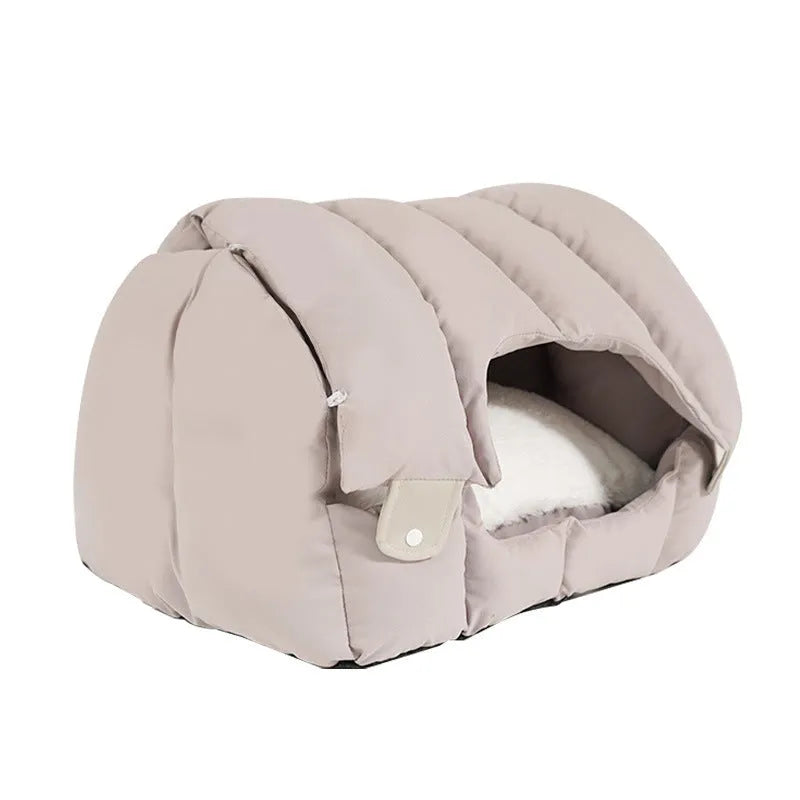 Grey arched cat nest showing both enclosed and sofa configurations for cats and dogs