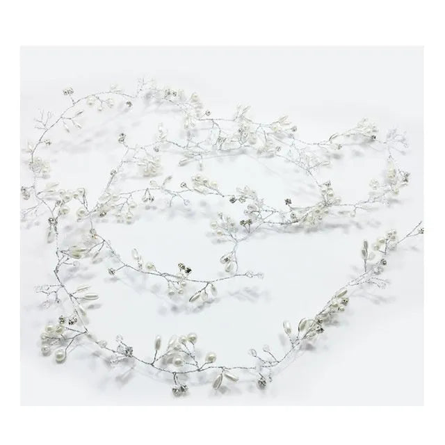 Bride's long hair band with crystal pearls in silver, gold, and rose gold colour options