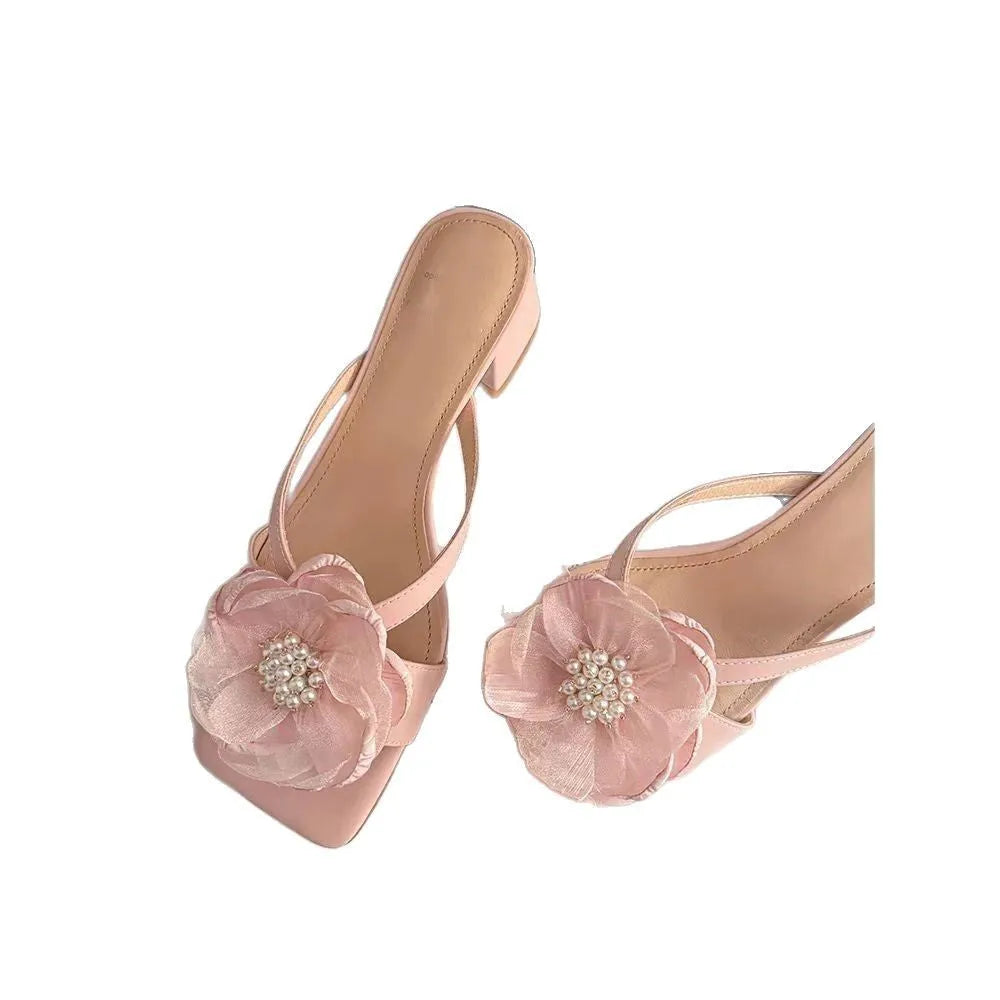 Women's sandals with chunky heel, square toe, flower embellishment on satin strap in cream-white colour
