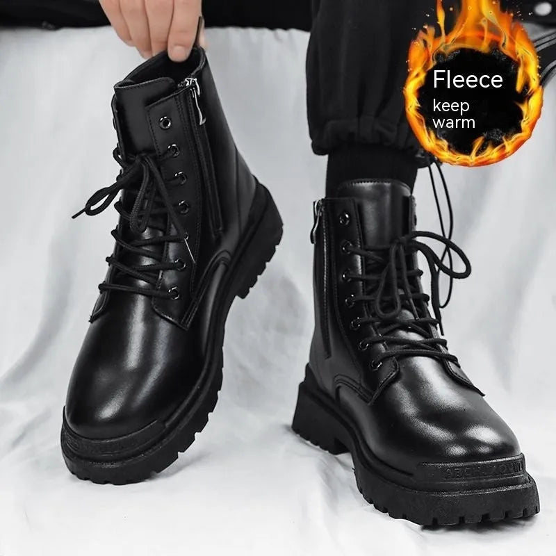 Men's mid-top British leather style boots with waterproof PU upper and rubber soles