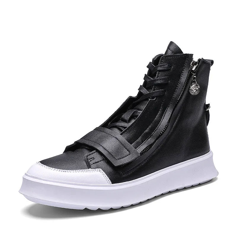 Black and white PU leather men's ankle boots with high-top sneaker design showing microfiber material texture
