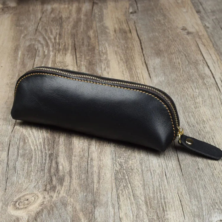 Handmade genuine cowhide leather square pencil case measuring 18cm with zipper closure in solid colour