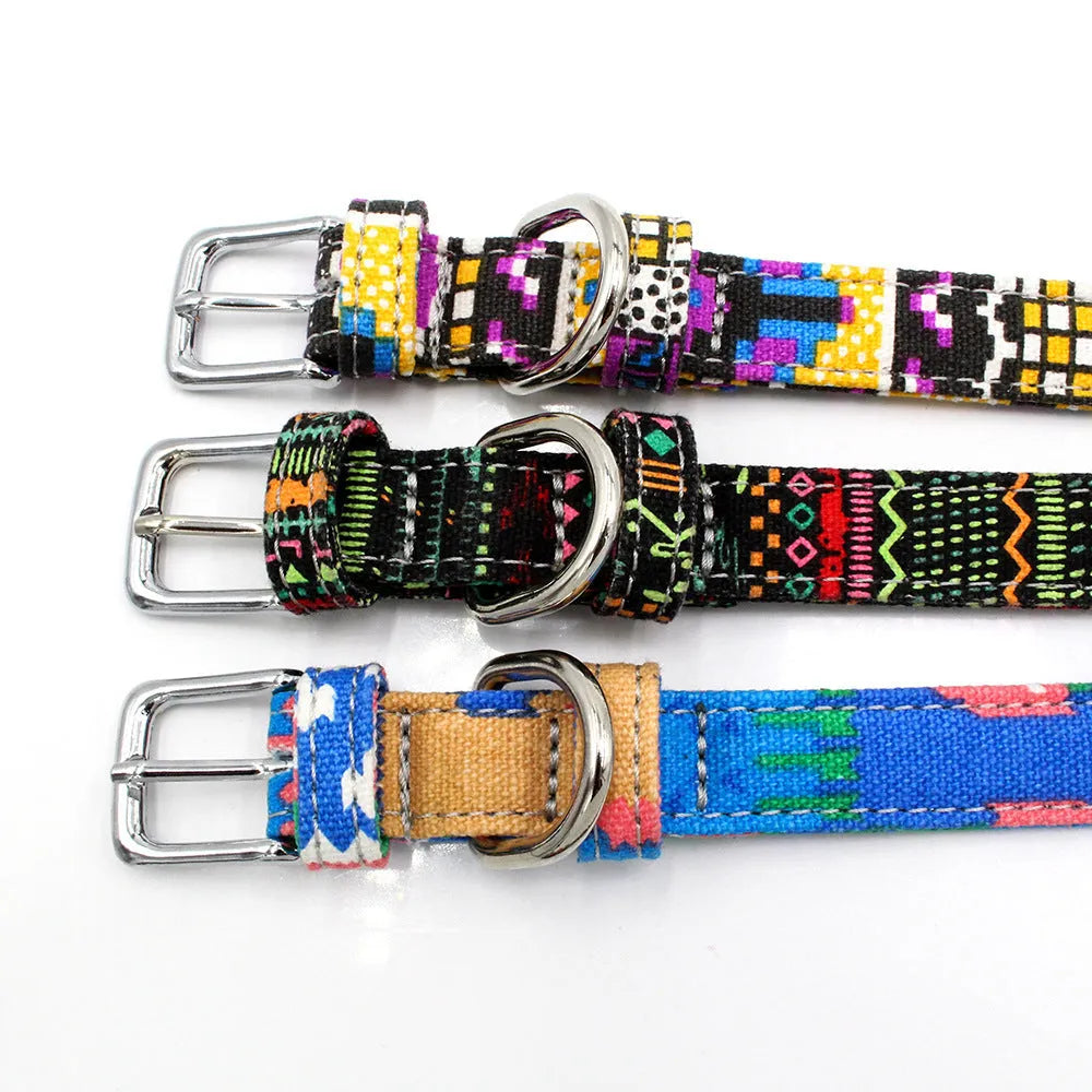 Double layer reflective canvas dog collar with metal D-ring, available in multiple sizes and colours