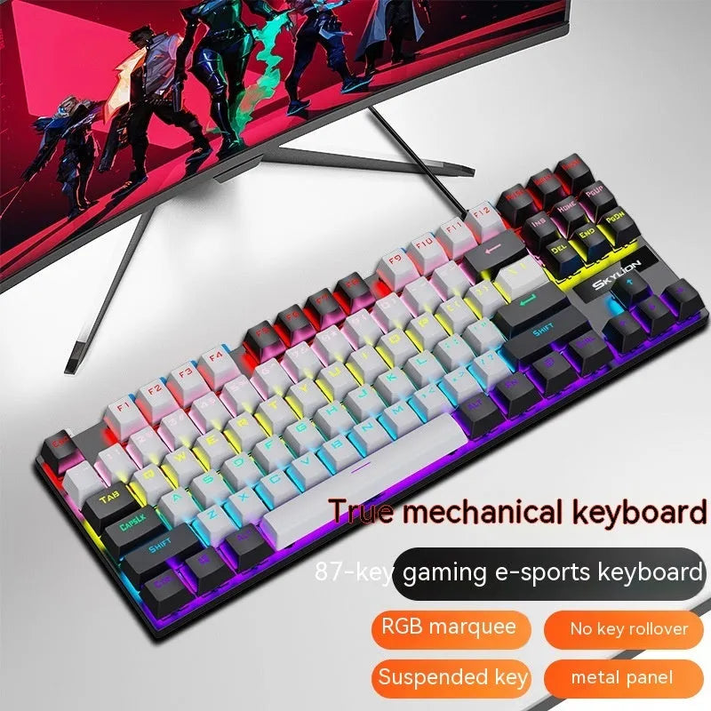 K87 mechanical wired keyboard with green or red axis switches, metal construction, and 1.4 metre cable in various colour options
