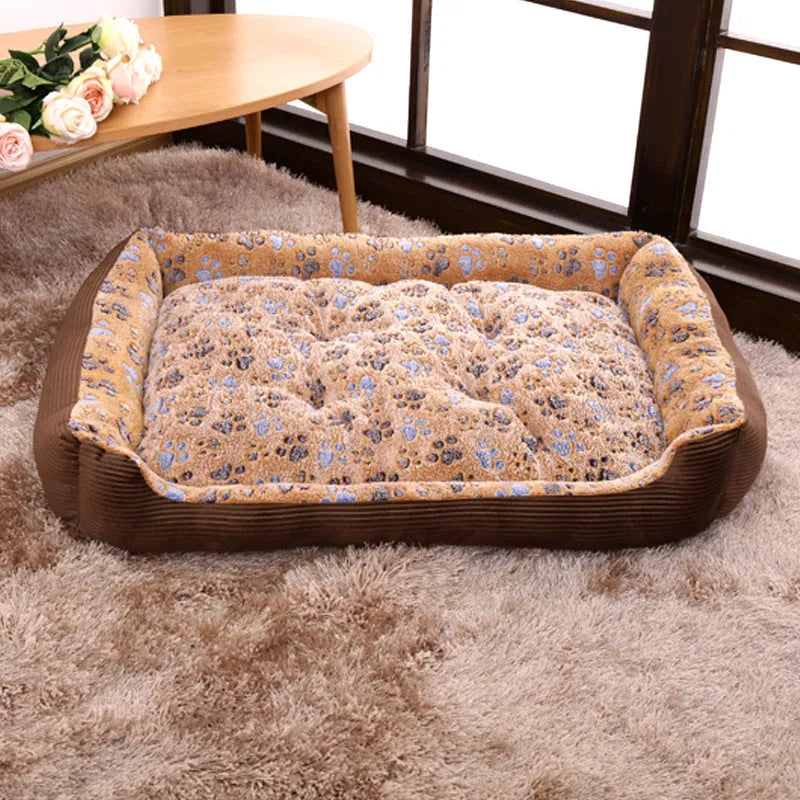 Beige plush pet bed with raised sides in kennel design for small dogs and cats