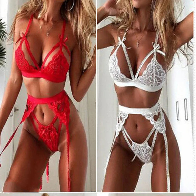 Red and white lace lingerie set for women available in four sizes